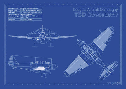 Douglas TBD Devastator technical aircraft plan drawing in blueprint style, aviation wall art poster gift for aircraft enthusiasts and pilots.