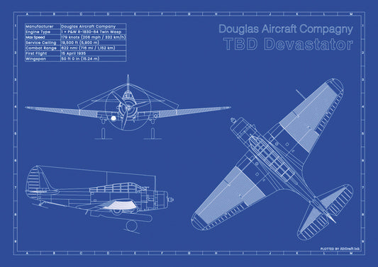 Douglas TBD Devastator technical aircraft plan drawing in blueprint style, aviation wall art poster gift for aircraft enthusiasts and pilots.