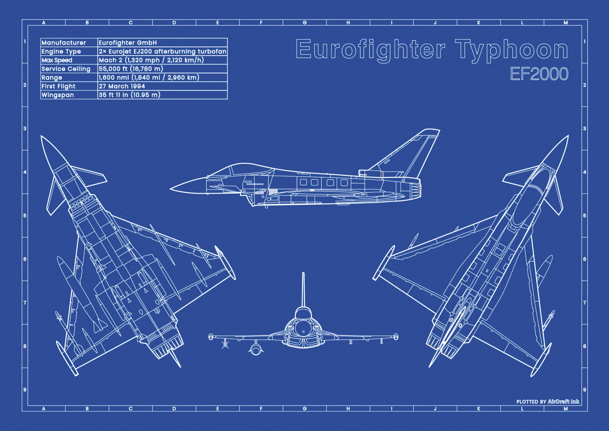 Eurofighter-Typhoon technical aircraft plan drawing in blueprint style, aviation wall art poster gift for aircraft enthusiasts and pilots.
