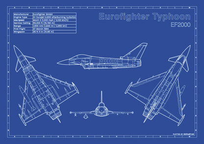 Eurofighter-Typhoon technical aircraft plan drawing in blueprint style, aviation wall art poster gift for aircraft enthusiasts and pilots.