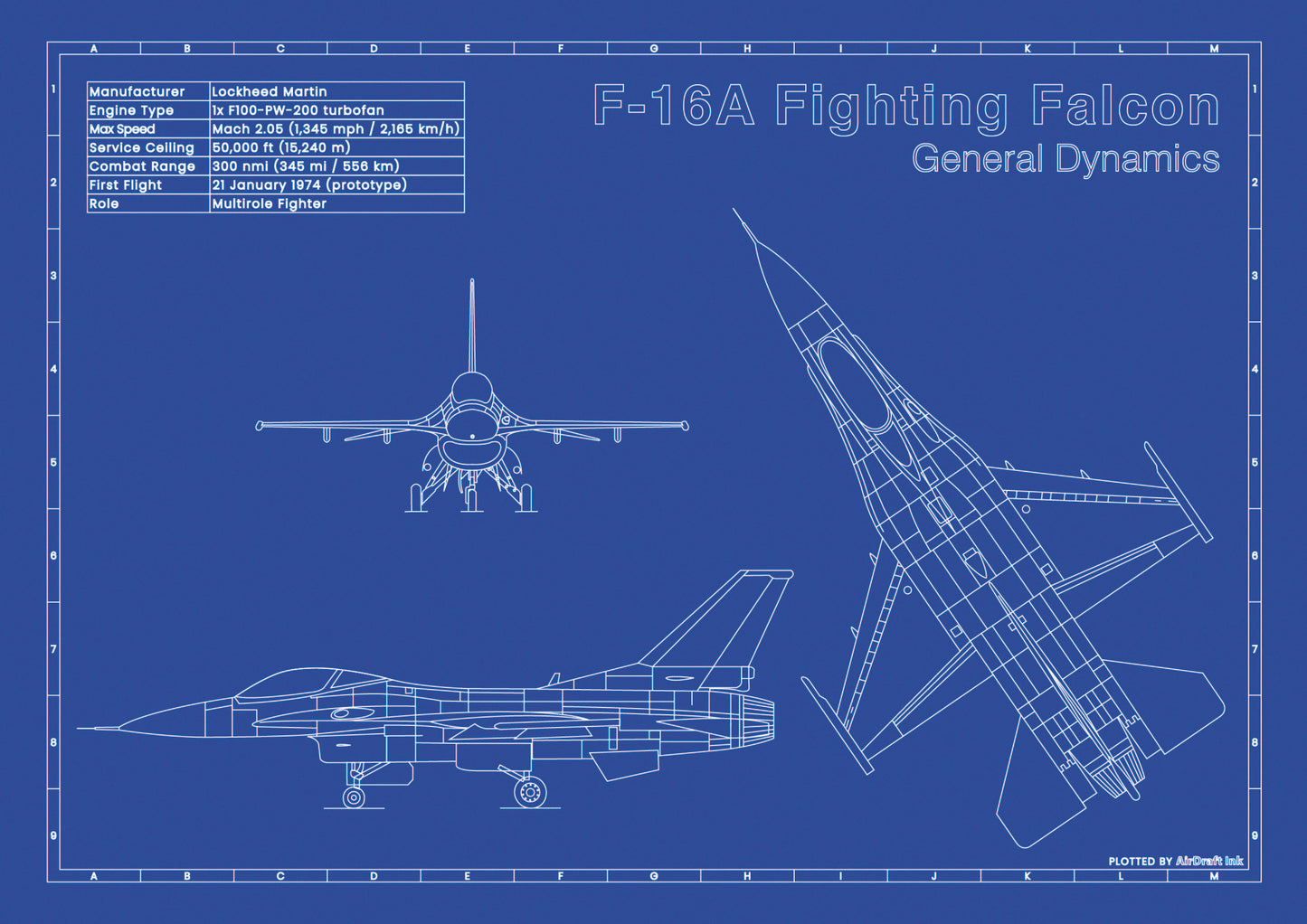 General Dynamics F-16A Fighting Falcon technical aircraft plan drawing in blueprint style, aviation wall art poster gift for aircraft enthusiasts and pilots.