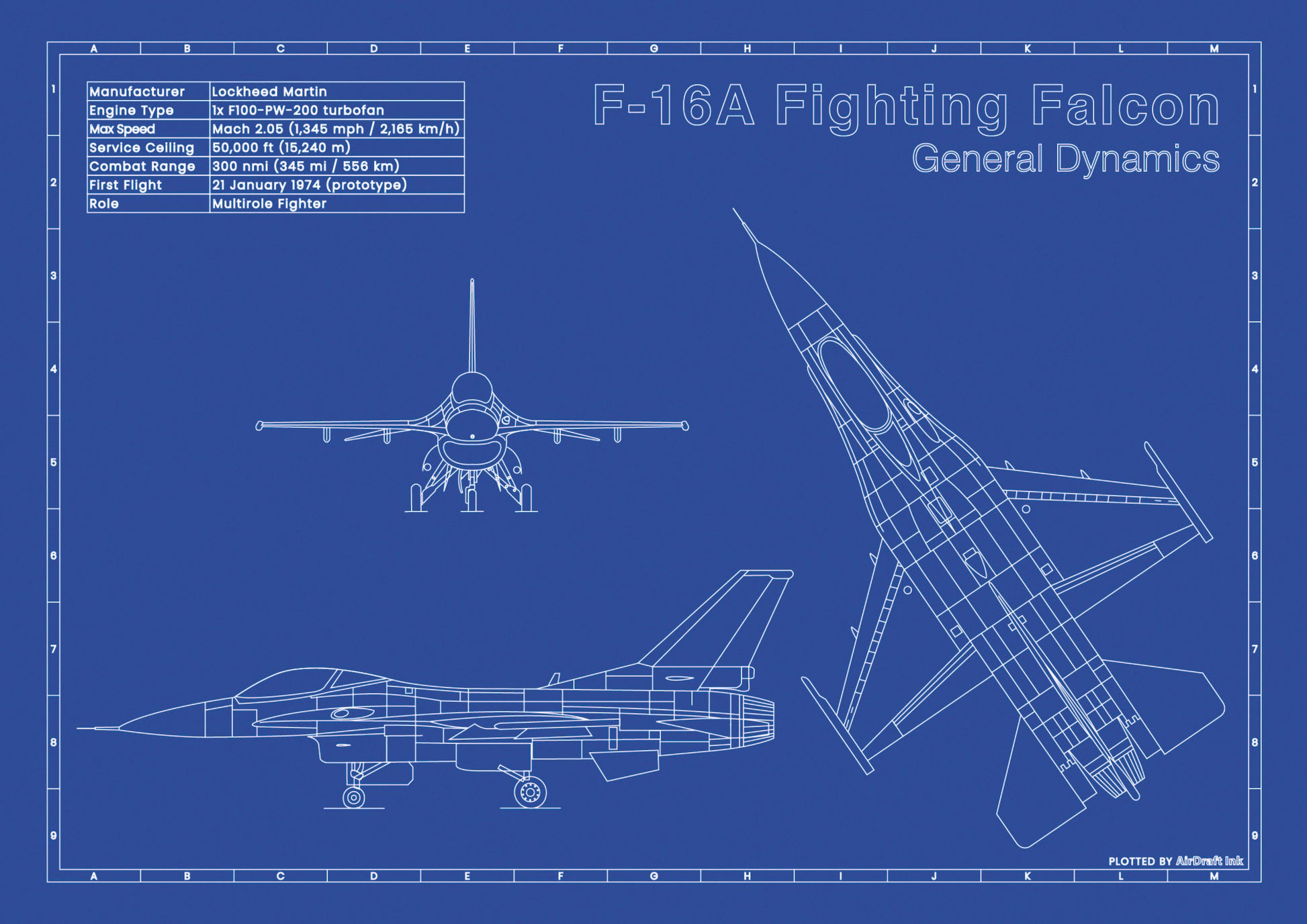 General Dynamics F-16A Fighting Falcon technical aircraft plan drawing in blueprint style, aviation wall art poster gift for aircraft enthusiasts and pilots.