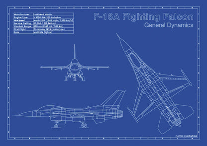 General Dynamics F-16A Fighting Falcon technical aircraft plan drawing in blueprint style, aviation wall art poster gift for aircraft enthusiasts and pilots.