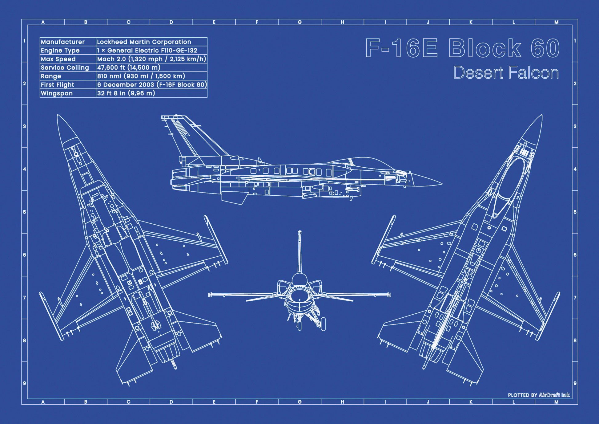 Lockheed Martin F-16E Desert Falcon technical aircraft plan drawing artwork created in blueprint style, aviation wall art poster gift for aircraft enthusiast or pilot. 