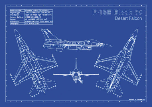 Lockheed Martin F-16E Desert Falcon technical aircraft plan drawing artwork created in blueprint style, aviation wall art poster gift for aircraft enthusiast or pilot. 