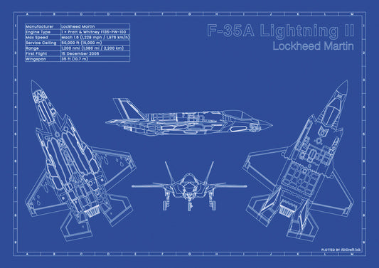 F-35A Lightning II technical aircraft plan drawing in blueprint style, aviation wall art poster gift for aircraft enthusiasts and pilots.