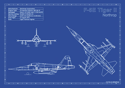 Northrop F-5E Tiger II technical aircraft plan drawing in blueprint style, aviation wall art poster gift for aircraft enthusiasts and pilots.
