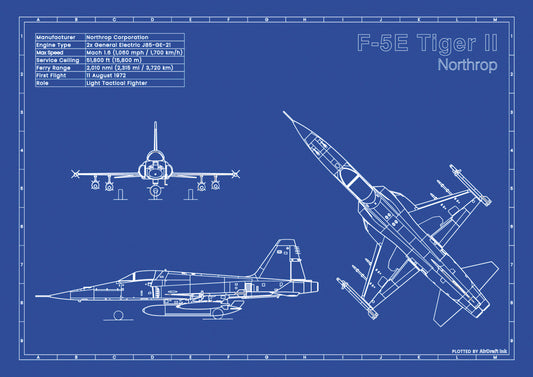 Northrop F-5E Tiger II technical aircraft plan drawing in blueprint style, aviation wall art poster gift for aircraft enthusiasts and pilots.