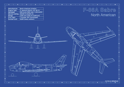 F-86A Sabre technical aircraft plan drawing in blueprint style, aviation wall art poster gift for aircraft enthusiasts and pilots.