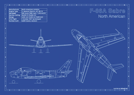 F-86A Sabre technical aircraft plan drawing in blueprint style, aviation wall art poster gift for aircraft enthusiasts and pilots.