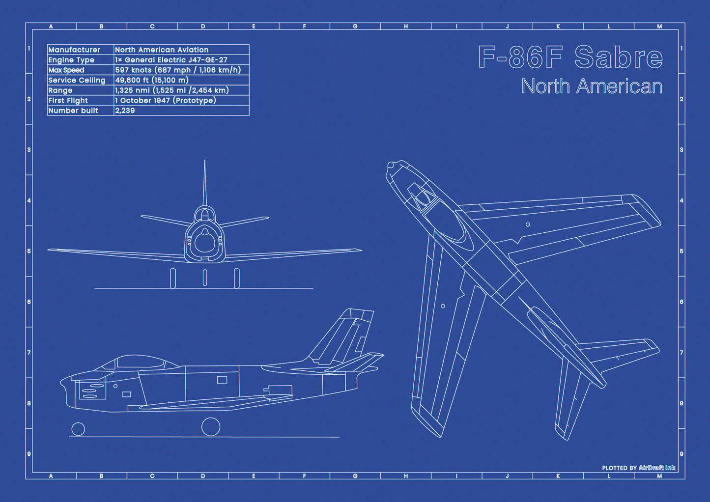 F-86F-Sabre technical aircraft plan drawing in blueprint style, aviation wall art poster gift for aircraft enthusiasts and pilots.