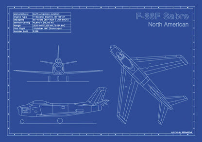 F-86F-Sabre technical aircraft plan drawing in blueprint style, aviation wall art poster gift for aircraft enthusiasts and pilots.