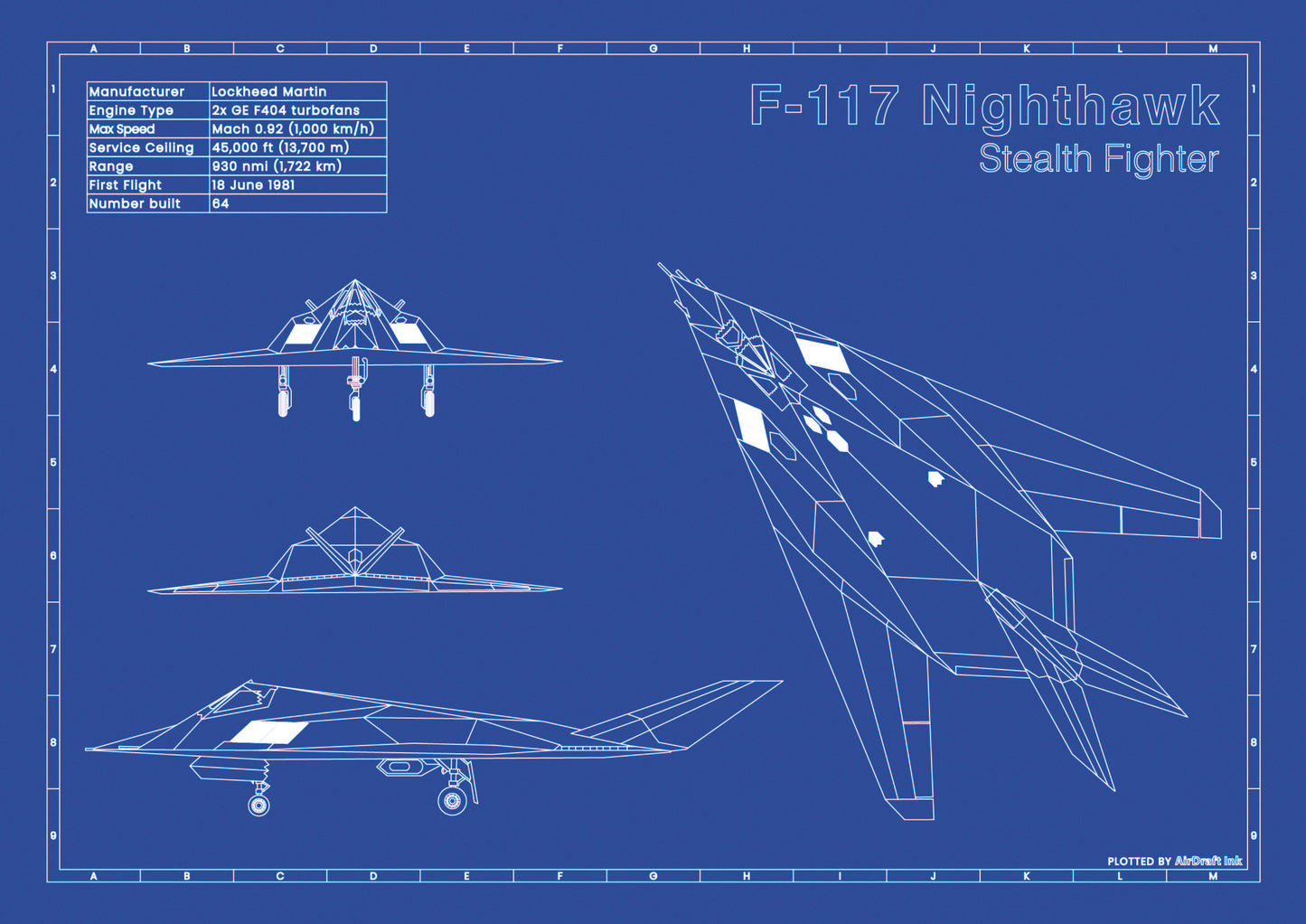 F117 Nighthawk technical aircraft plan drawing in blueprint style, aviation wall art poster gift for aircraft enthusiasts and pilots.