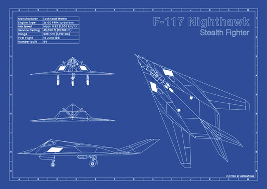 F117 Nighthawk technical aircraft plan drawing in blueprint style, aviation wall art poster gift for aircraft enthusiasts and pilots.
