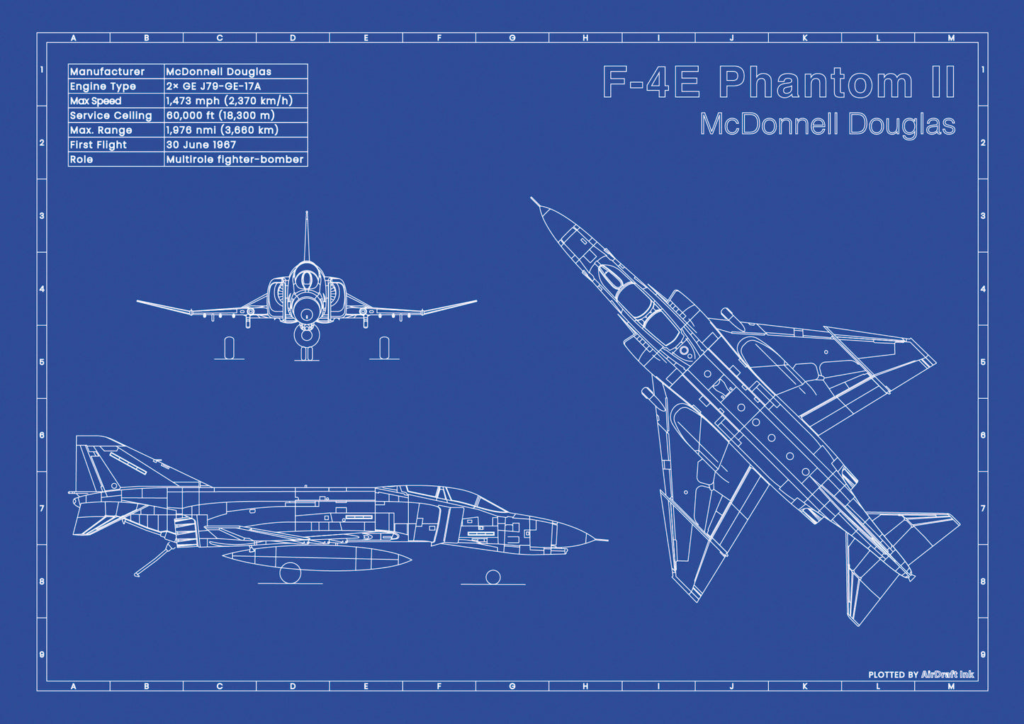 McDonekll Douglas F-4E Phantom II technical aircraft plan drawing in blueprint style, aviation wall art poster gift for aircraft enthusiasts and pilots.