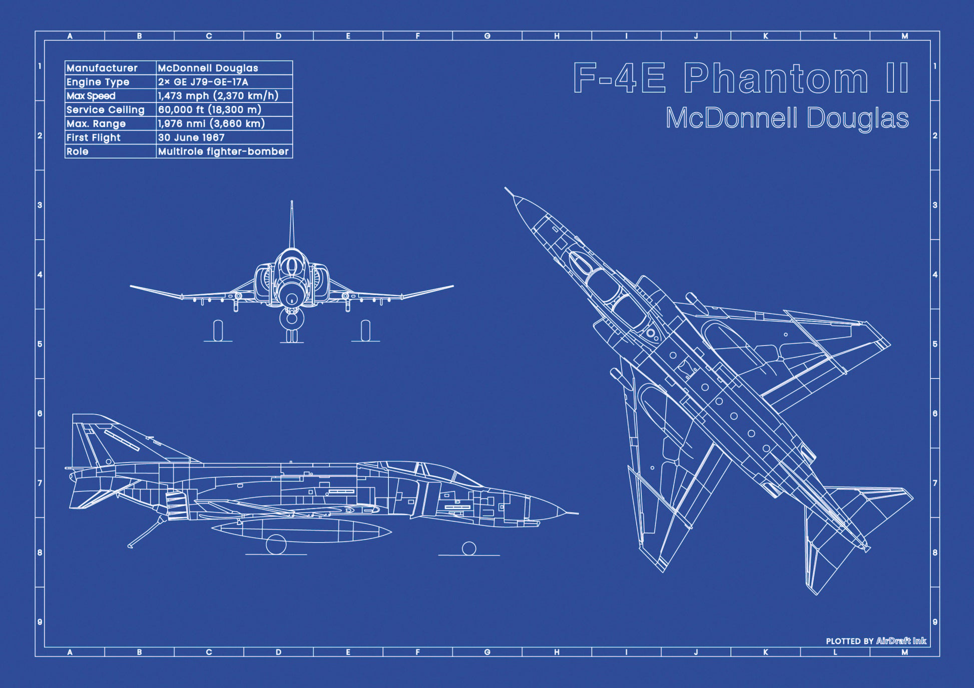 McDonekll Douglas F-4E Phantom II technical aircraft plan drawing in blueprint style, aviation wall art poster gift for aircraft enthusiasts and pilots.