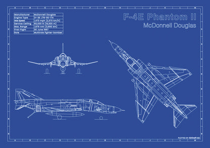 McDonekll Douglas F-4E Phantom II technical aircraft plan drawing in blueprint style, aviation wall art poster gift for aircraft enthusiasts and pilots.
