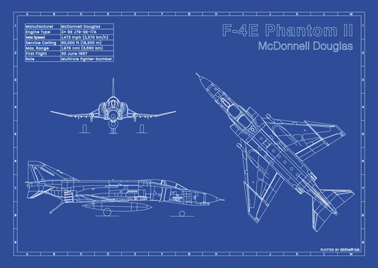 McDonekll Douglas F-4E Phantom II technical aircraft plan drawing in blueprint style, aviation wall art poster gift for aircraft enthusiasts and pilots.