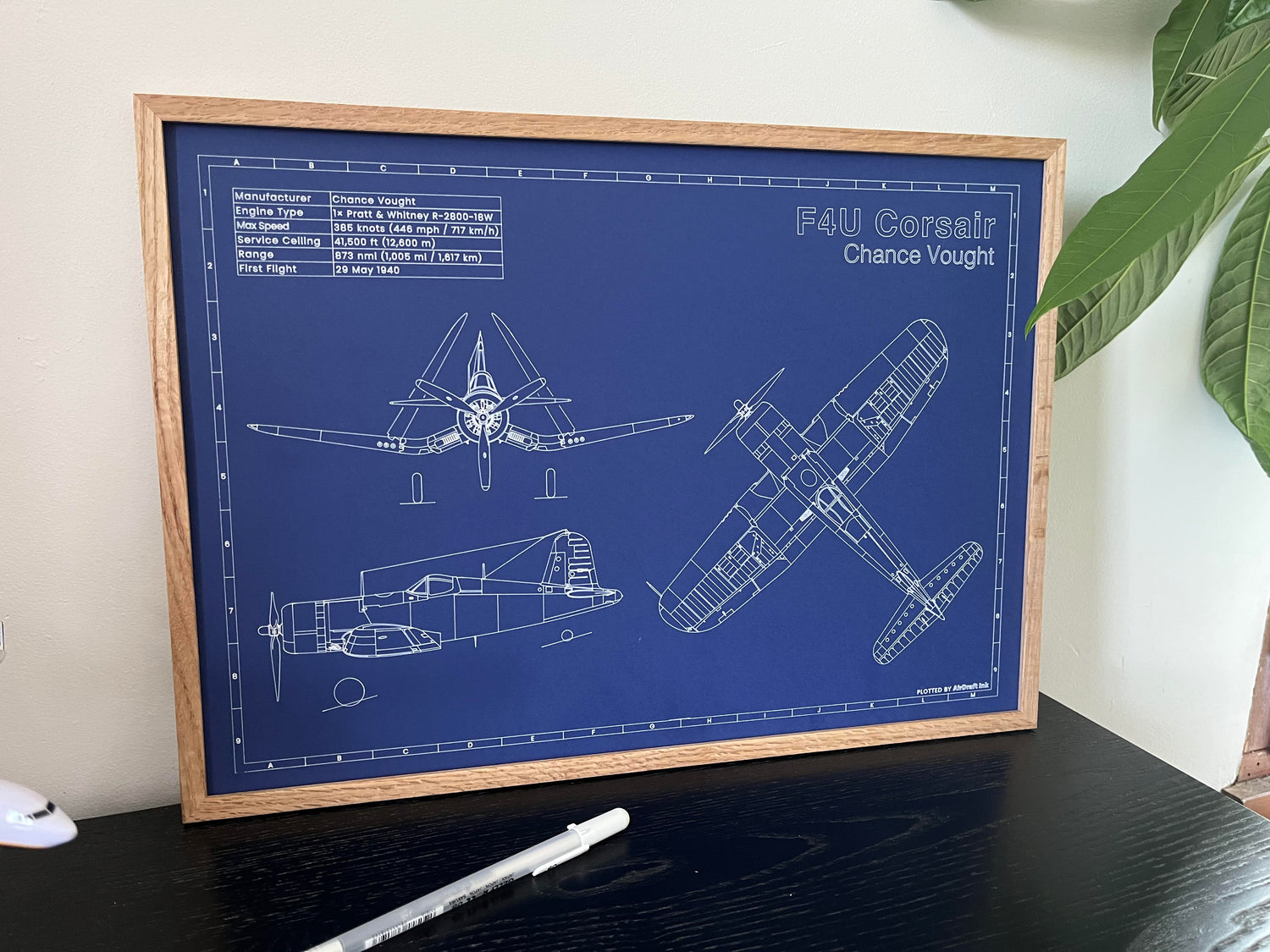 F4U Corsair technical aircraft plan drawing in blueprint style, framed, aviation wall art poster gift for aircraft enthusiasts and pilots.