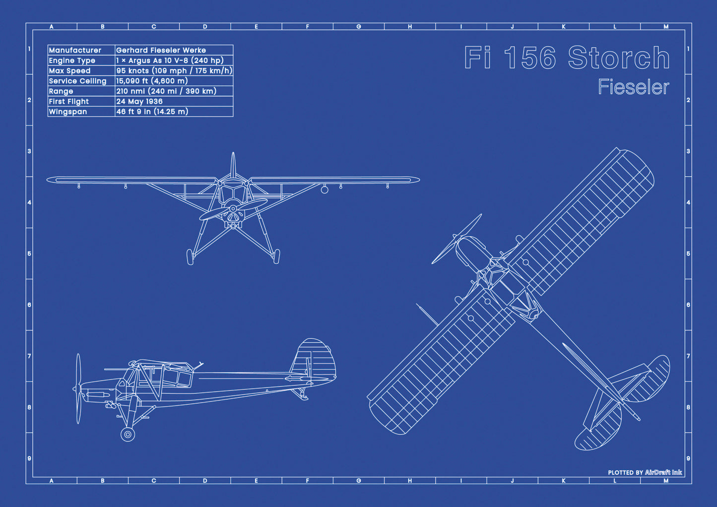 Fieseler Fi-156 Storch-technical aircraft plan drawing in blueprint style, aviation wall art poster gift for aircraft enthusiasts and pilots.