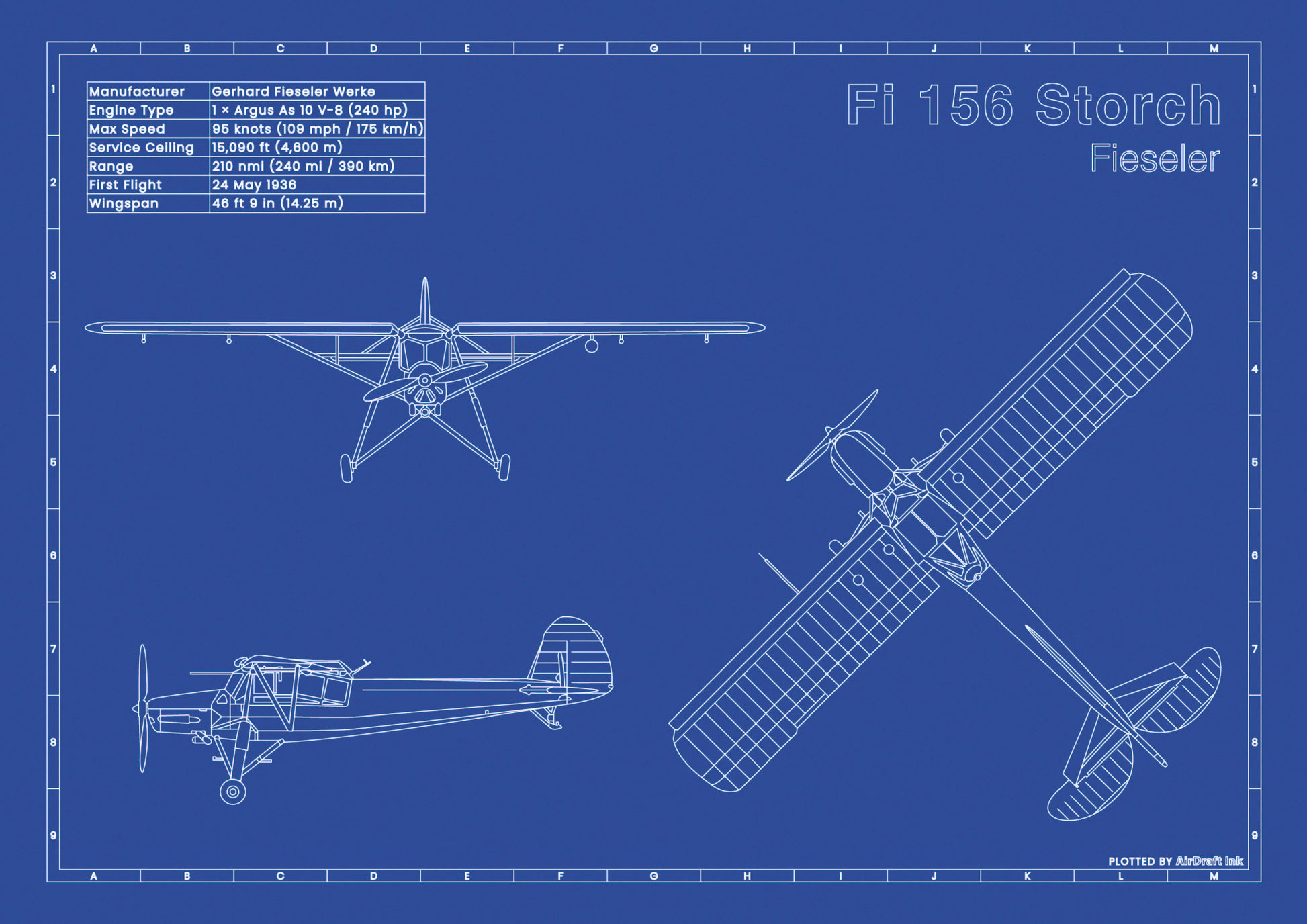 Fieseler Fi-156 Storch-technical aircraft plan drawing in blueprint style, aviation wall art poster gift for aircraft enthusiasts and pilots.