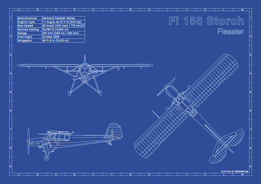 Fieseler Fi-156 Storch-technical aircraft plan drawing in blueprint style, aviation wall art poster gift for aircraft enthusiasts and pilots.