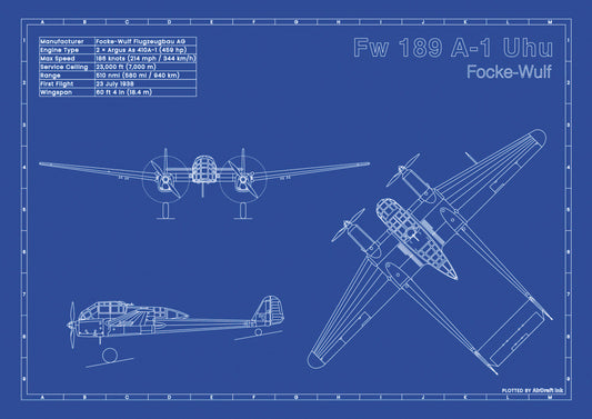 Focke-Wulf Fw 189 technical aircraft plan drawing in blueprint style, aviation wall art poster gift for aircraft enthusiasts and pilots.