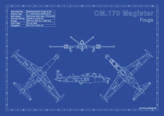 Fouga-CM.170-Magister technical aircraft plan drawing in blueprint style, aviation wall art poster gift for aircraft enthusiasts and pilots.