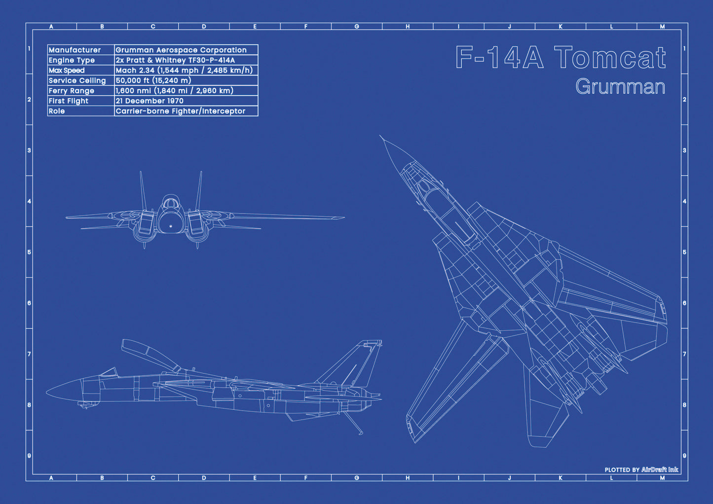 Grumman-F-14A-Tomcat technical aircraft plan drawing in blueprint style, aviation wall art poster gift for aircraft enthusiasts and pilots.