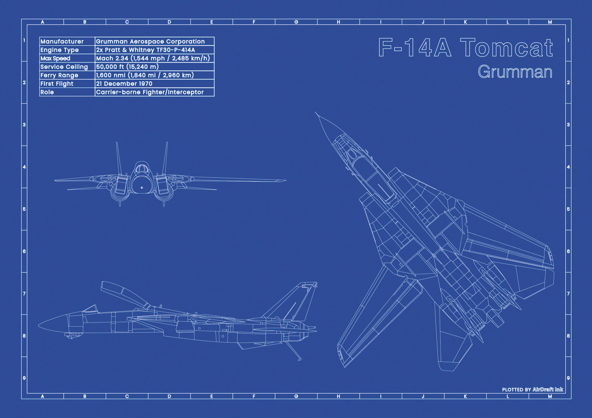 Grumman-F-14A-Tomcat technical aircraft plan drawing in blueprint style, aviation wall art poster gift for aircraft enthusiasts and pilots.
