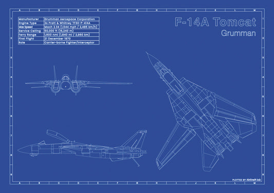 Grumman-F-14A-Tomcat technical aircraft plan drawing in blueprint style, aviation wall art poster gift for aircraft enthusiasts and pilots.