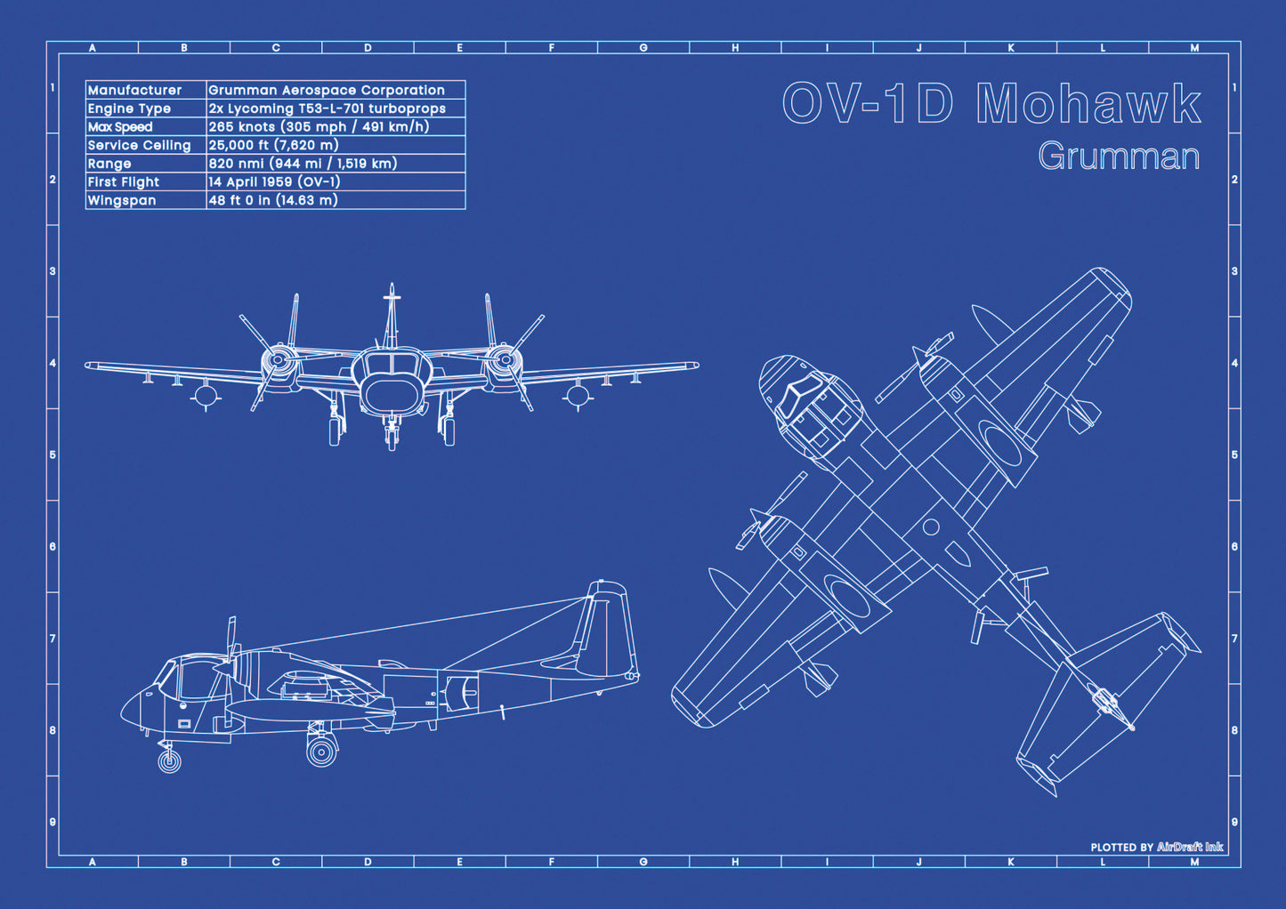 Grumman OV-1D Mohawk technical aircraft plan drawing in blueprint style, aviation wall art poster gift for aircraft enthusiasts and pilots.