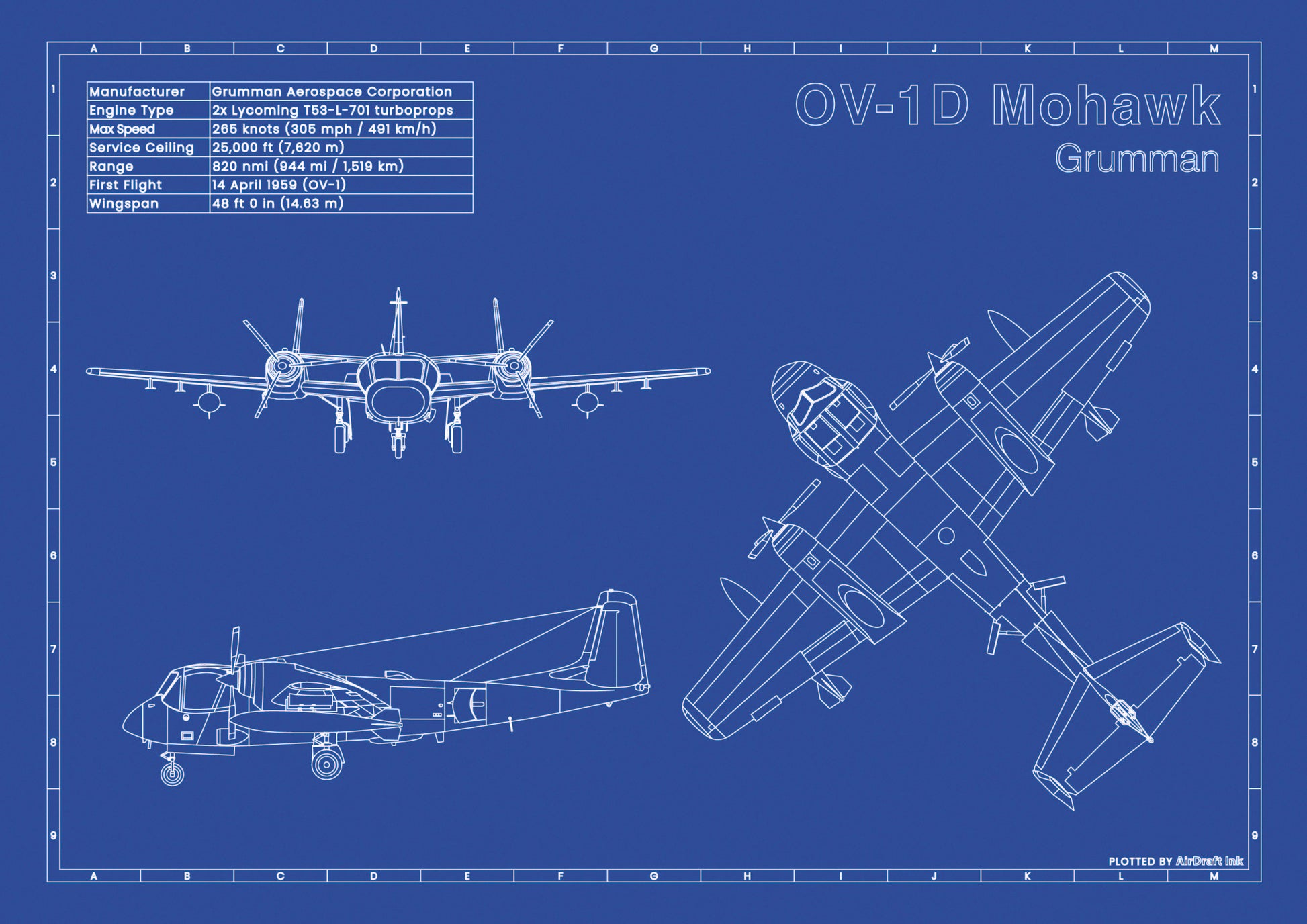 Grumman OV-1D Mohawk technical aircraft plan drawing in blueprint style, aviation wall art poster gift for aircraft enthusiasts and pilots.
