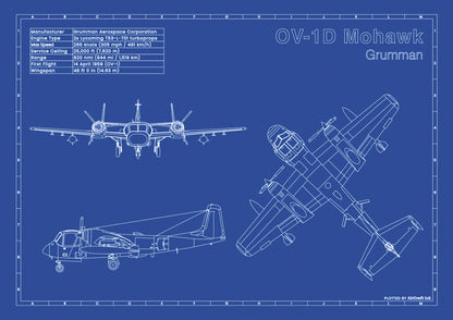 Grumman OV-1D Mohawk technical aircraft plan drawing in blueprint style, aviation wall art poster gift for aircraft enthusiasts and pilots.