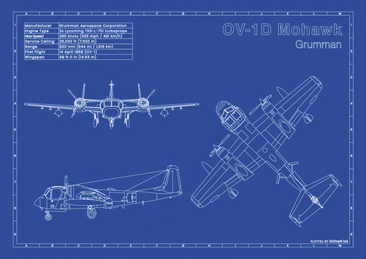 Grumman OV-1D Mohawk technical aircraft plan drawing in blueprint style, aviation wall art poster gift for aircraft enthusiasts and pilots.