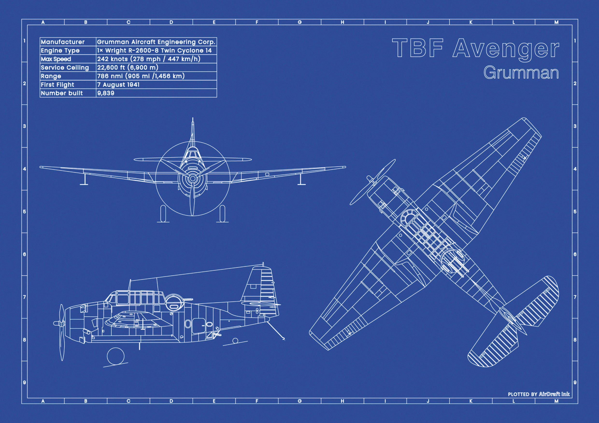 TBF Avenger｜Technical blueprint, Drawn in Ink｜Perfect gift for aviation ...