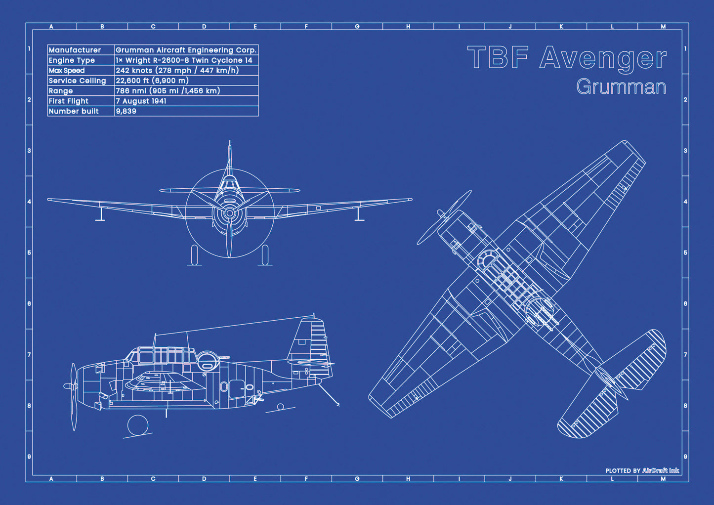 Grumman TBF Avenger technical aircraft plan drawing in blueprint style, aviation wall art poster gift for aircraft enthusiasts and pilots.