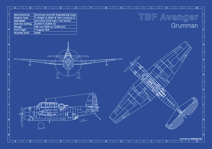 Grumman TBF Avenger technical aircraft plan drawing in blueprint style, aviation wall art poster gift for aircraft enthusiasts and pilots.