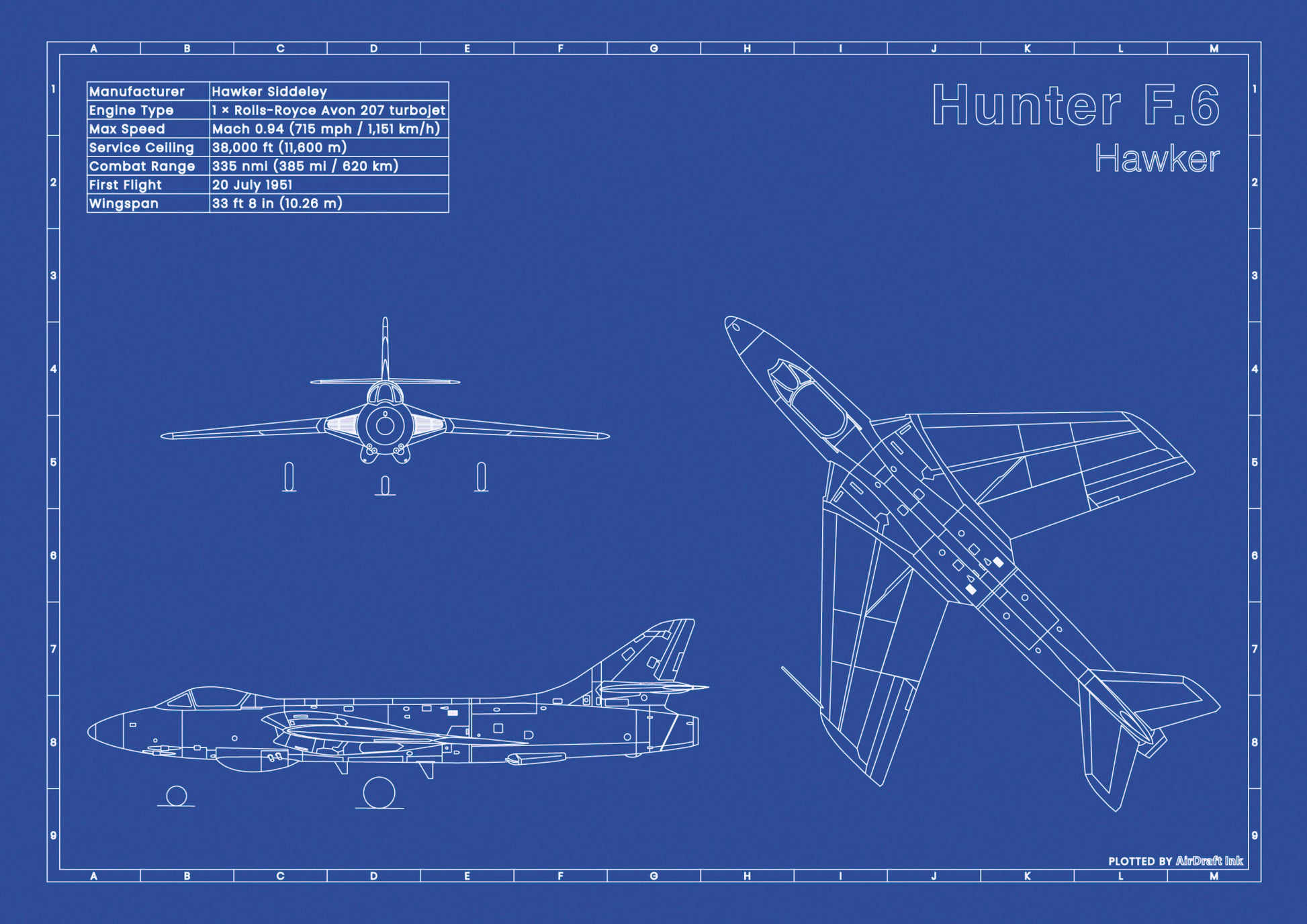 Hawker Hunter F.6 technical aircraft plan drawing in blueprint style, aviation wall art poster gift for aircraft enthusiasts and pilots.