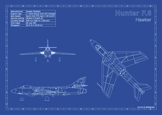 Hawker Hunter F.6 technical aircraft plan drawing in blueprint style, aviation wall art poster gift for aircraft enthusiasts and pilots.