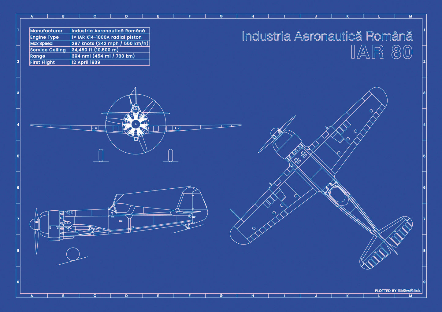 IAR-80 technical aircraft plan drawing in blueprint style, aviation wall art poster gift for aircraft enthusiasts and pilots.