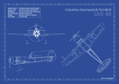 IAR-80 technical aircraft plan drawing in blueprint style, aviation wall art poster gift for aircraft enthusiasts and pilots.