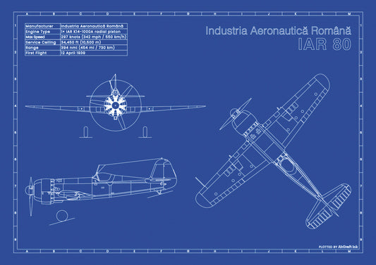 IAR-80 technical aircraft plan drawing in blueprint style, aviation wall art poster gift for aircraft enthusiasts and pilots.