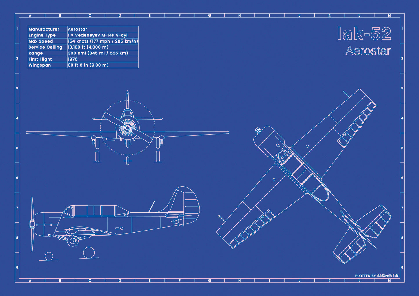 Iak-52 technical aircraft plan drawing in blueprint style, aviation wall art poster gift for aircraft enthusiasts and pilots.