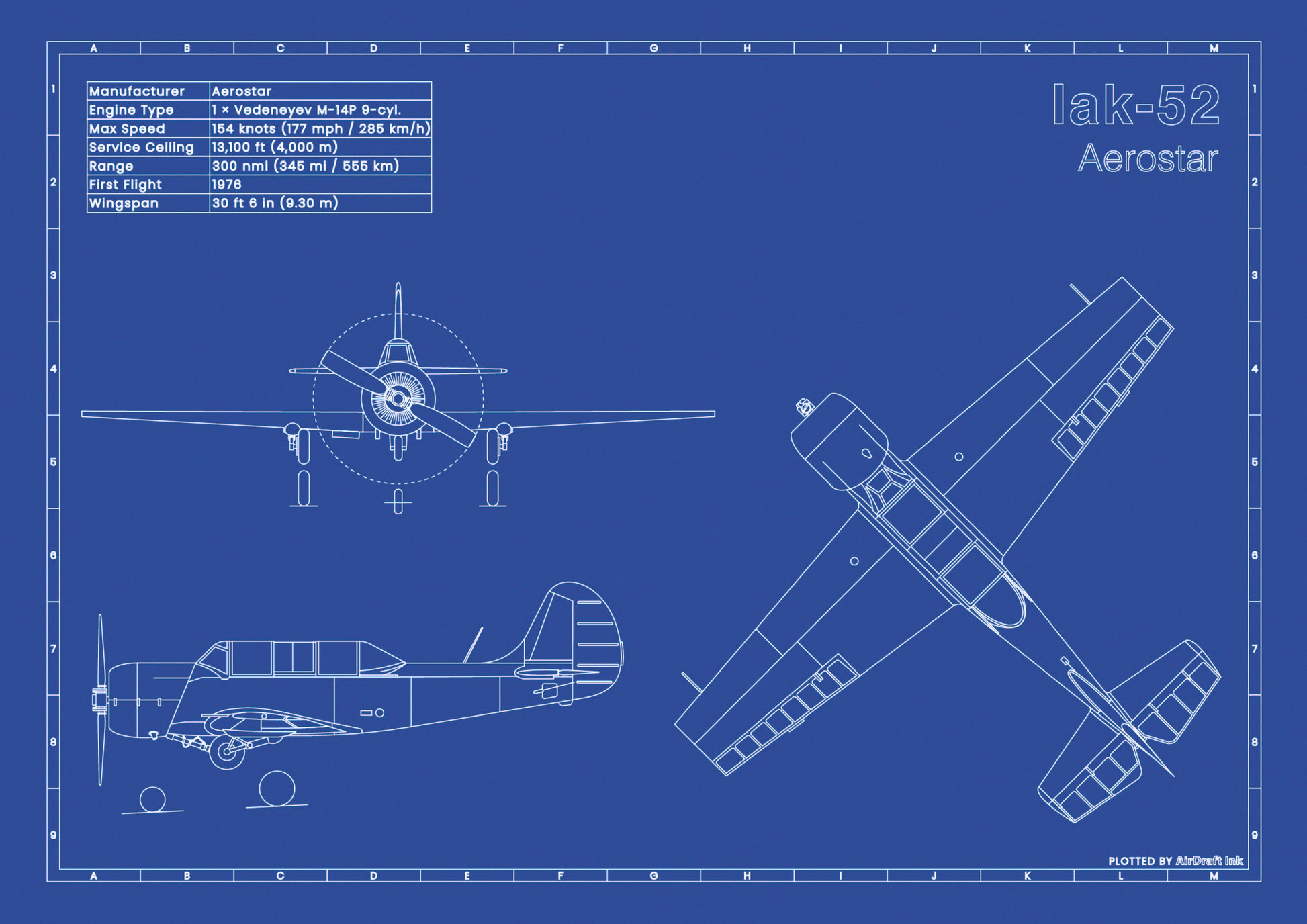 Iak-52 technical aircraft plan drawing in blueprint style, aviation wall art poster gift for aircraft enthusiasts and pilots.
