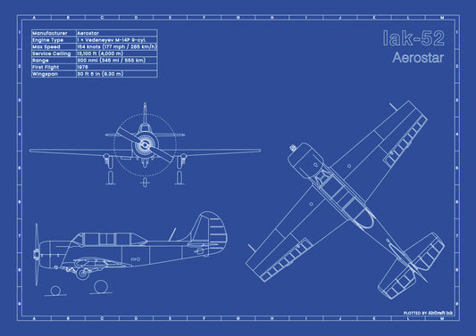 Iak-52 technical aircraft plan drawing in blueprint style, aviation wall art poster gift for aircraft enthusiasts and pilots.