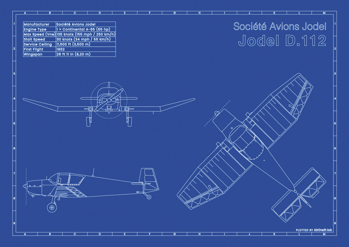 Jodel D.112 technical aircraft plan drawing in blueprint style, aviation wall art poster gift for aircraft enthusiasts and pilots.