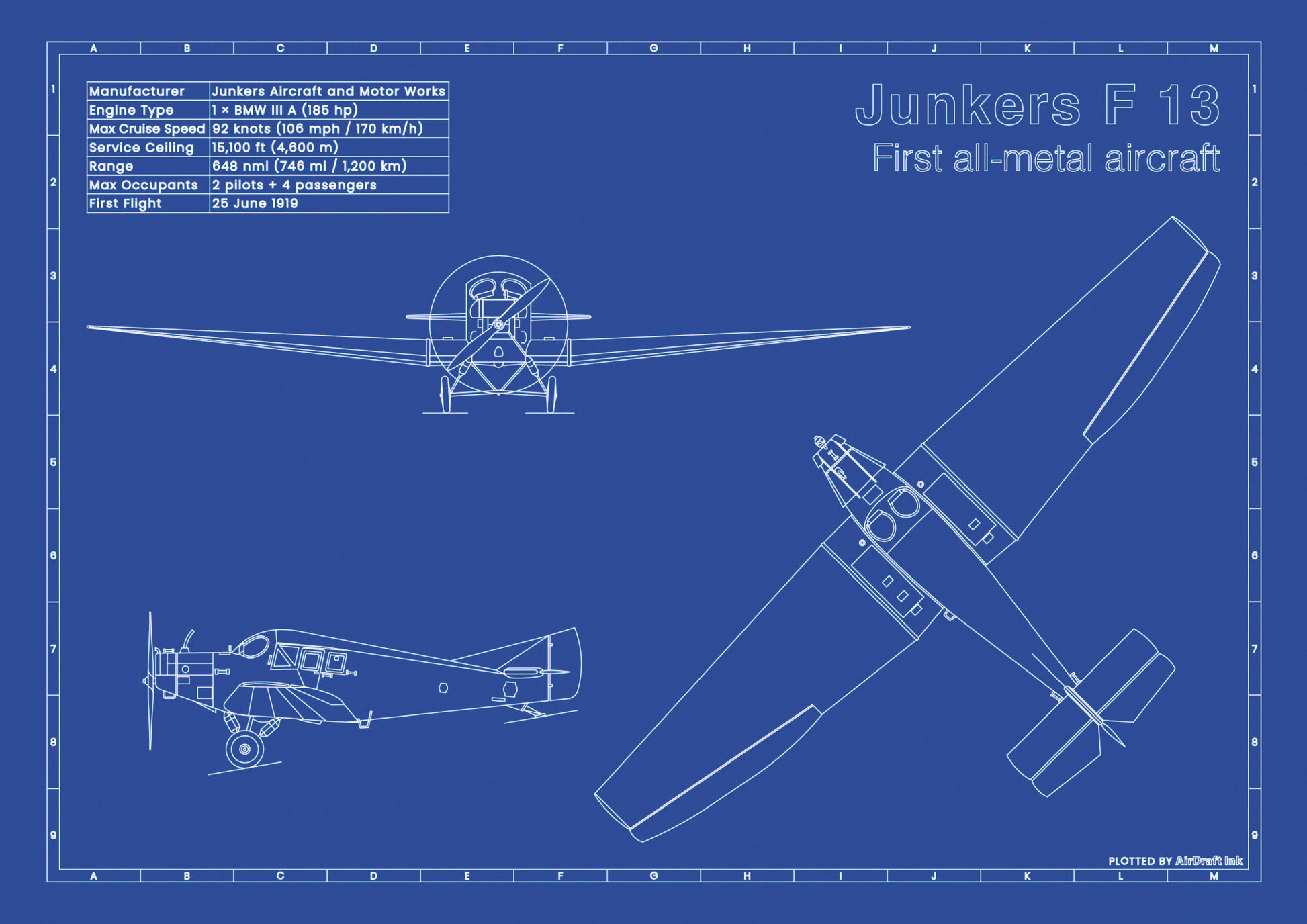 Junkers F13 technical aircraft plan drawing in blueprint style, aviation wall art poster gift for aircraft enthusiasts and pilots.