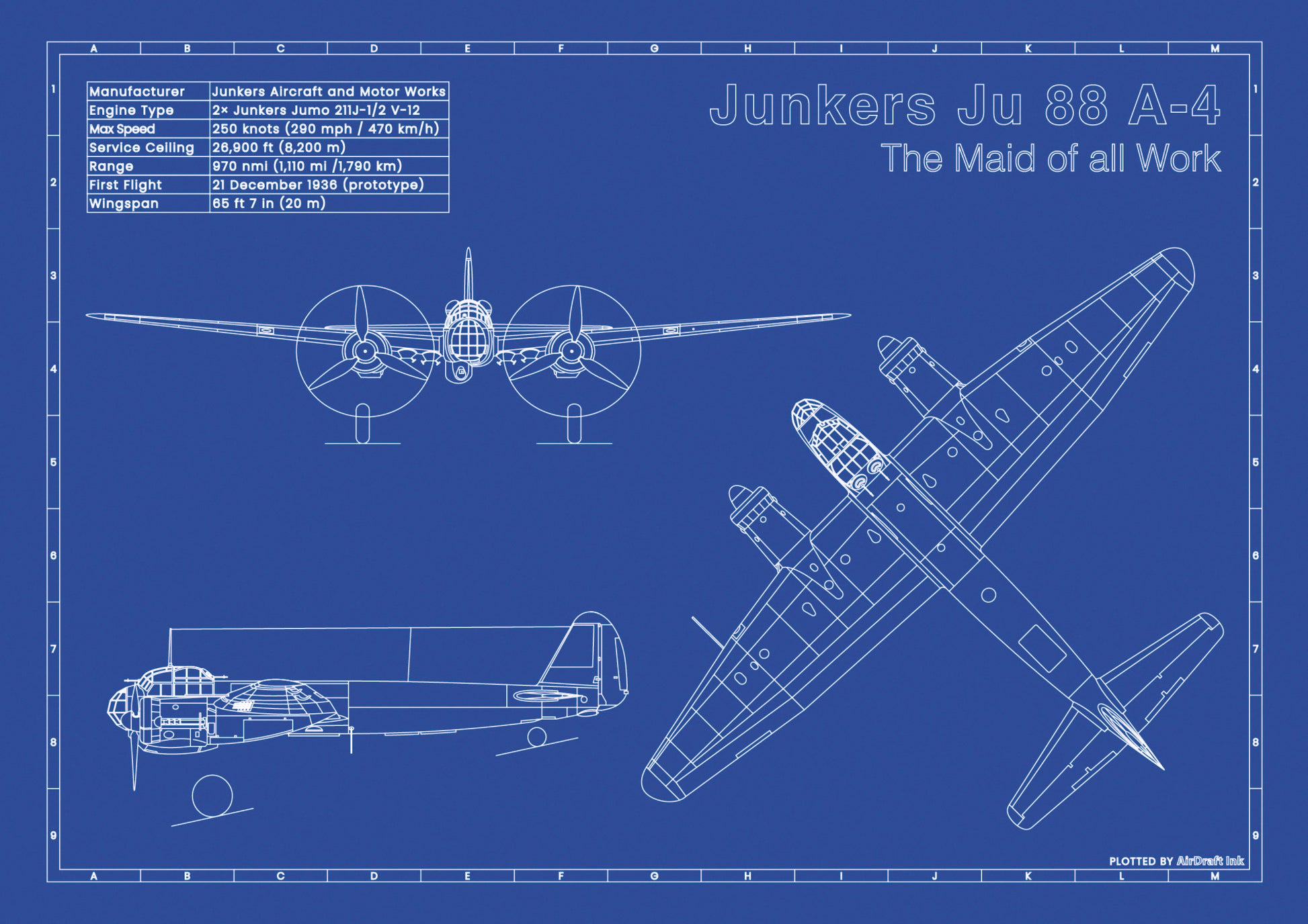 Junkers Ju 88 technical aircraft plan drawing in blueprint style, aviation wall art poster gift for aircraft enthusiasts and pilots.