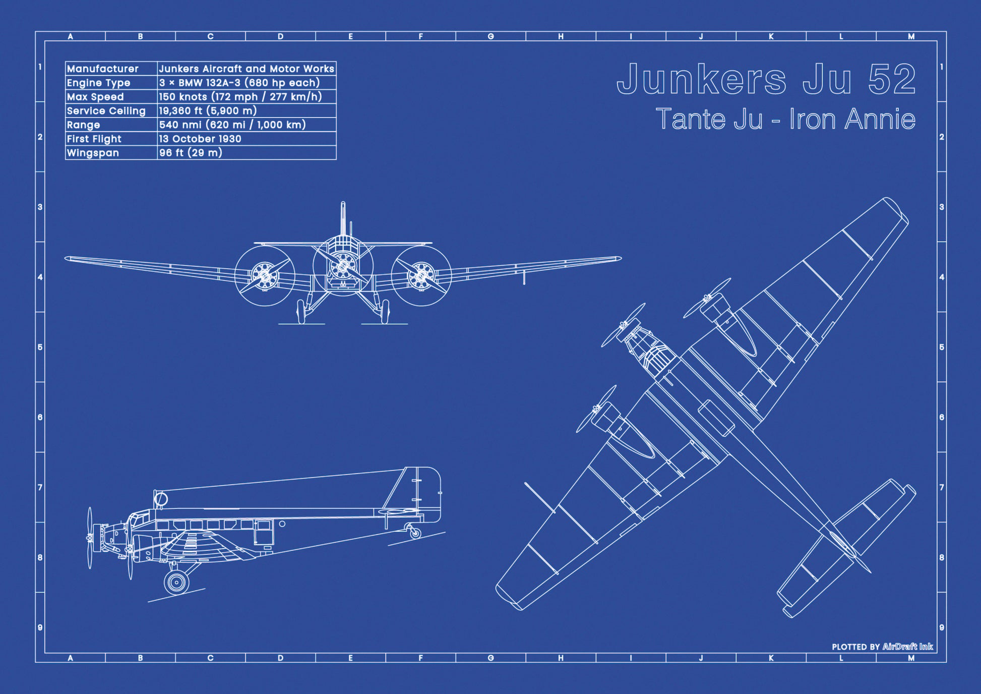 Junkers Ju 52 technical aircraft plan drawing in blueprint style, aviation wall art poster gift for aircraft enthusiasts and pilots.